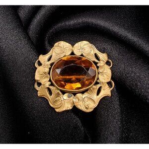 Antique Early 20th Century Gold-Tone Brooch With Amber Oval Glass Stone & Floral